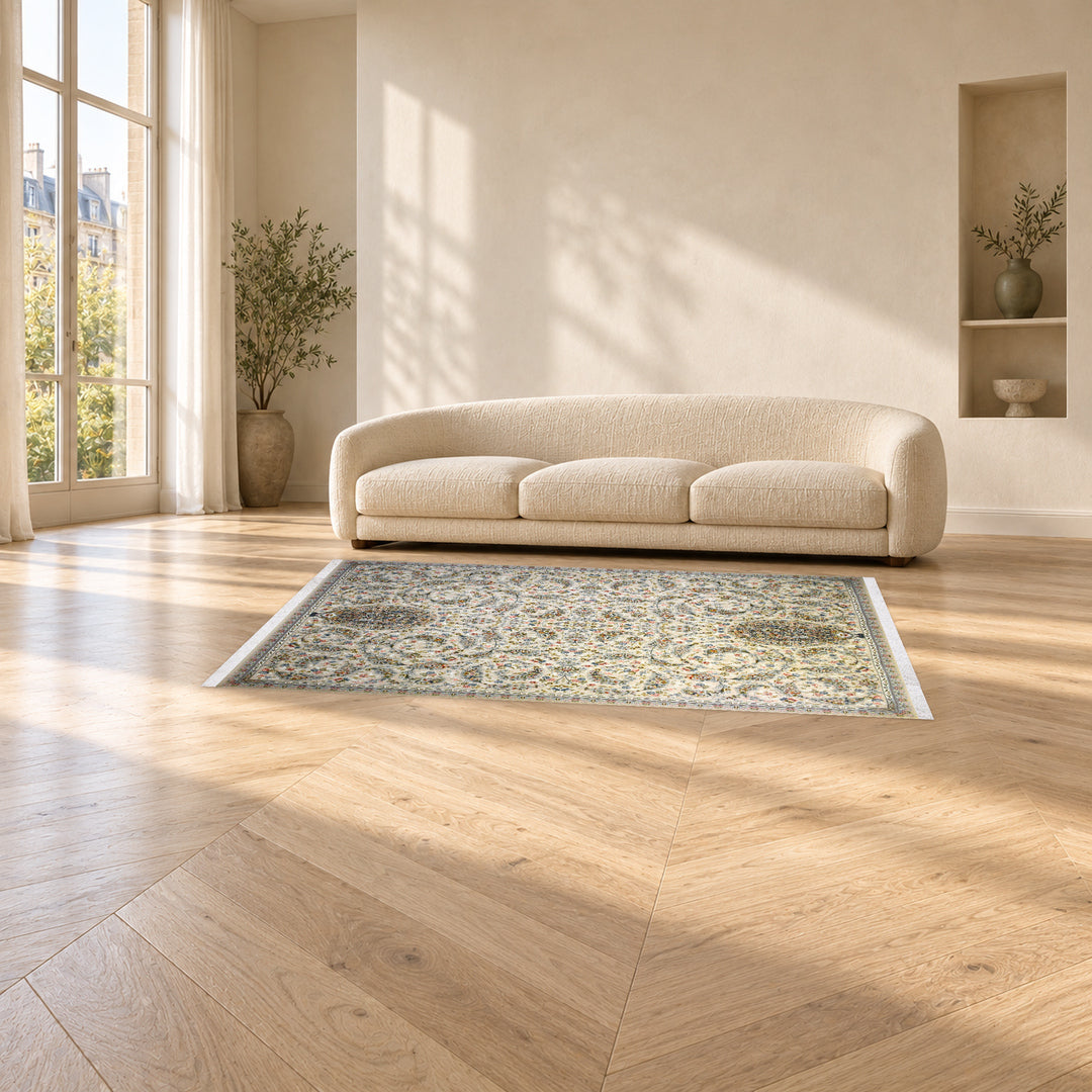 Classic Carpet - Golden Orbit: original rug image digitally staged in a distinct contemporary home; nominal 225 × 150 cm