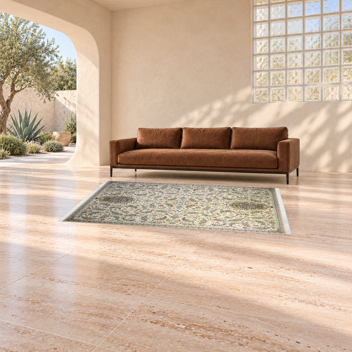 Classic Carpet - Golden Orbit: original rug image digitally staged in a distinct contemporary home; nominal 225 × 150 cm