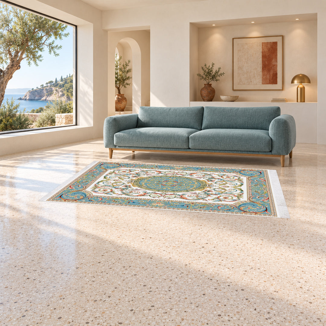 Classic Carpet - Imperia: original rug image digitally staged in a distinct contemporary home; nominal 300 × 200 cm