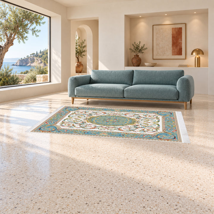 Classic Carpet - Imperia: original rug image digitally staged in a distinct contemporary home; nominal 300 × 200 cm