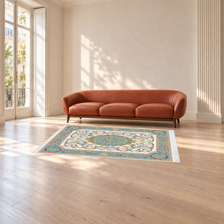 Classic Carpet - Imperia: original rug image digitally staged in a distinct contemporary home; nominal 300 × 200 cm