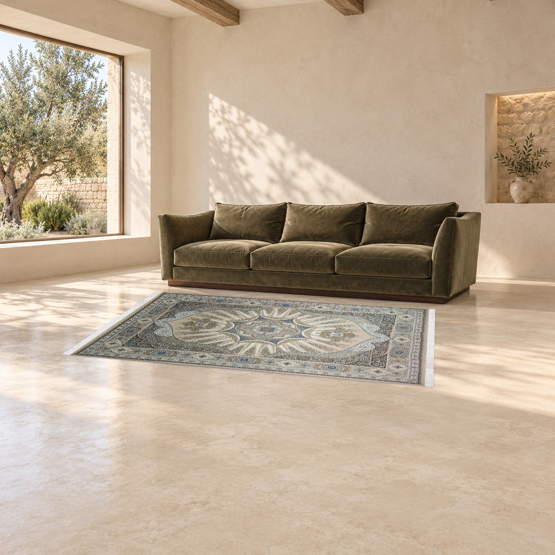 Classic Carpet - Luminous Field: original rug image digitally staged in a distinct contemporary home; nominal 225 × 150 cm