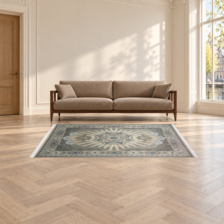 Classic Carpet - Luminous Field: original rug image digitally staged in a distinct contemporary home; nominal 225 × 150 cm