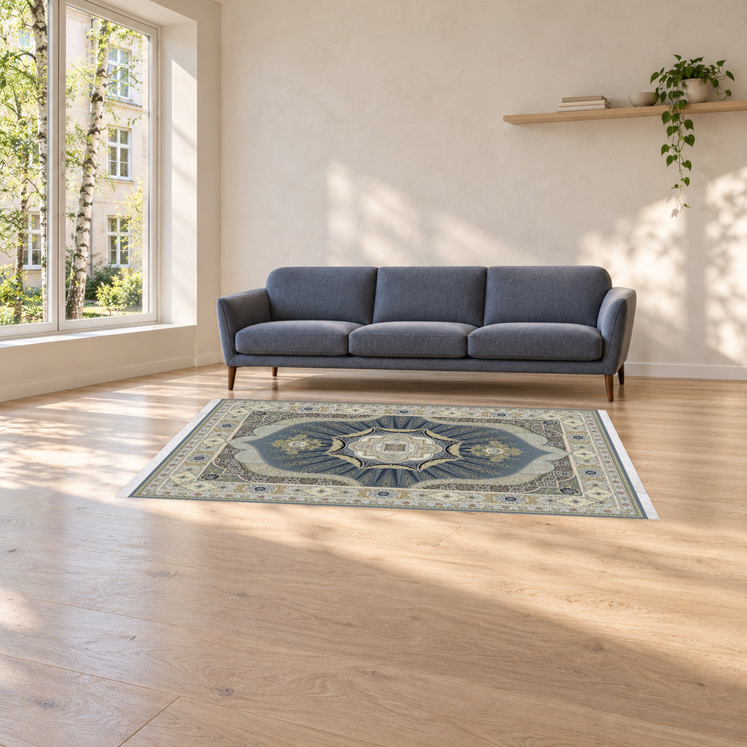 Classic Carpet - Luminous Field: original rug image digitally staged in a distinct contemporary home; nominal 225 × 150 cm