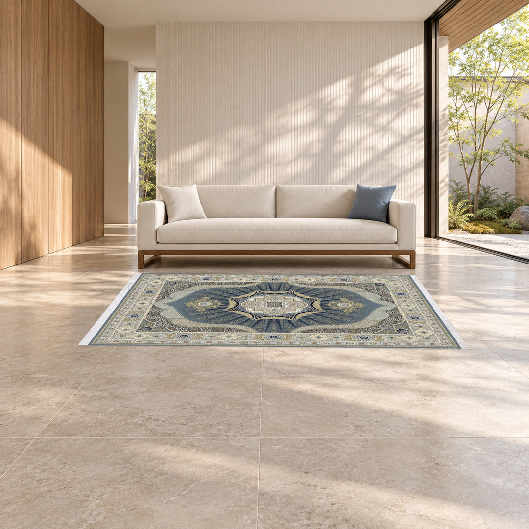 Classic Carpet - Luminous Field: original rug image digitally staged in a distinct contemporary home; nominal 225 × 150 cm