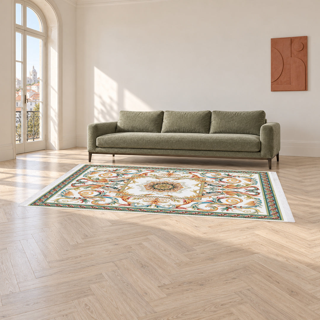Classic Carpet - Melodia: original rug image digitally staged in a distinct contemporary home; nominal 300 × 200 cm