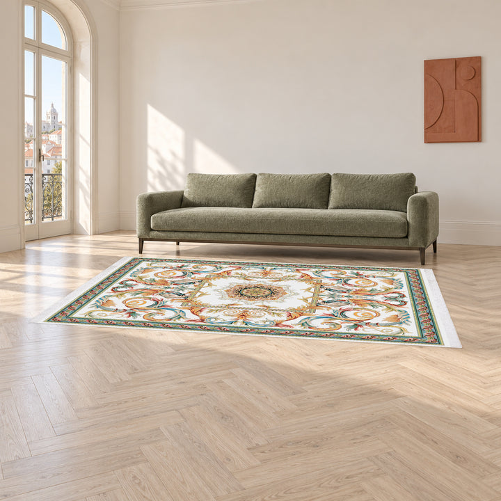 Classic Carpet - Melodia: original rug image digitally staged in a distinct contemporary home; nominal 300 × 200 cm