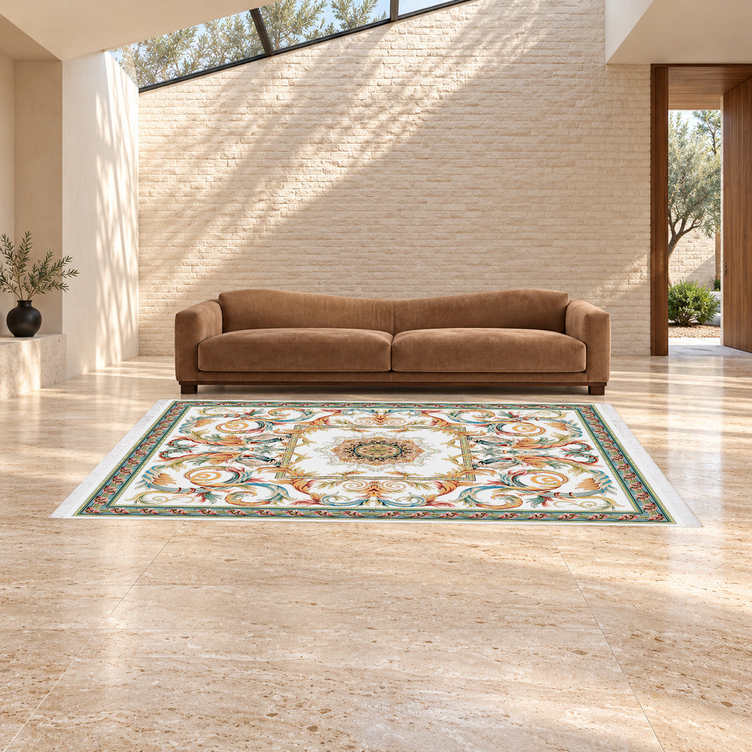 Classic Carpet - Melodia: original rug image digitally staged in a distinct contemporary home; nominal 300 × 200 cm
