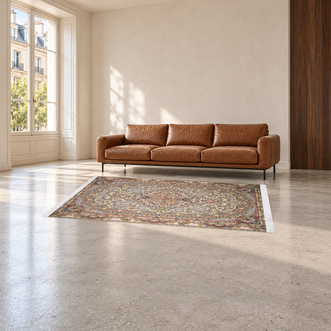 Classic Carpet - Mirror Garden: original rug image digitally staged in a distinct contemporary home; nominal 225 × 150 cm