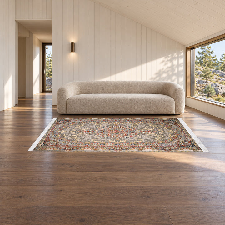 Classic Carpet - Mirror Garden: original rug image digitally staged in a distinct contemporary home; nominal 225 × 150 cm