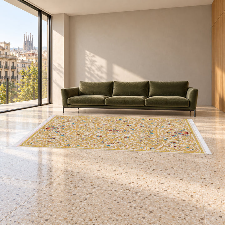 Classic Carpet - Nava: original rug image digitally staged in a distinct contemporary home; nominal 300 × 200 cm
