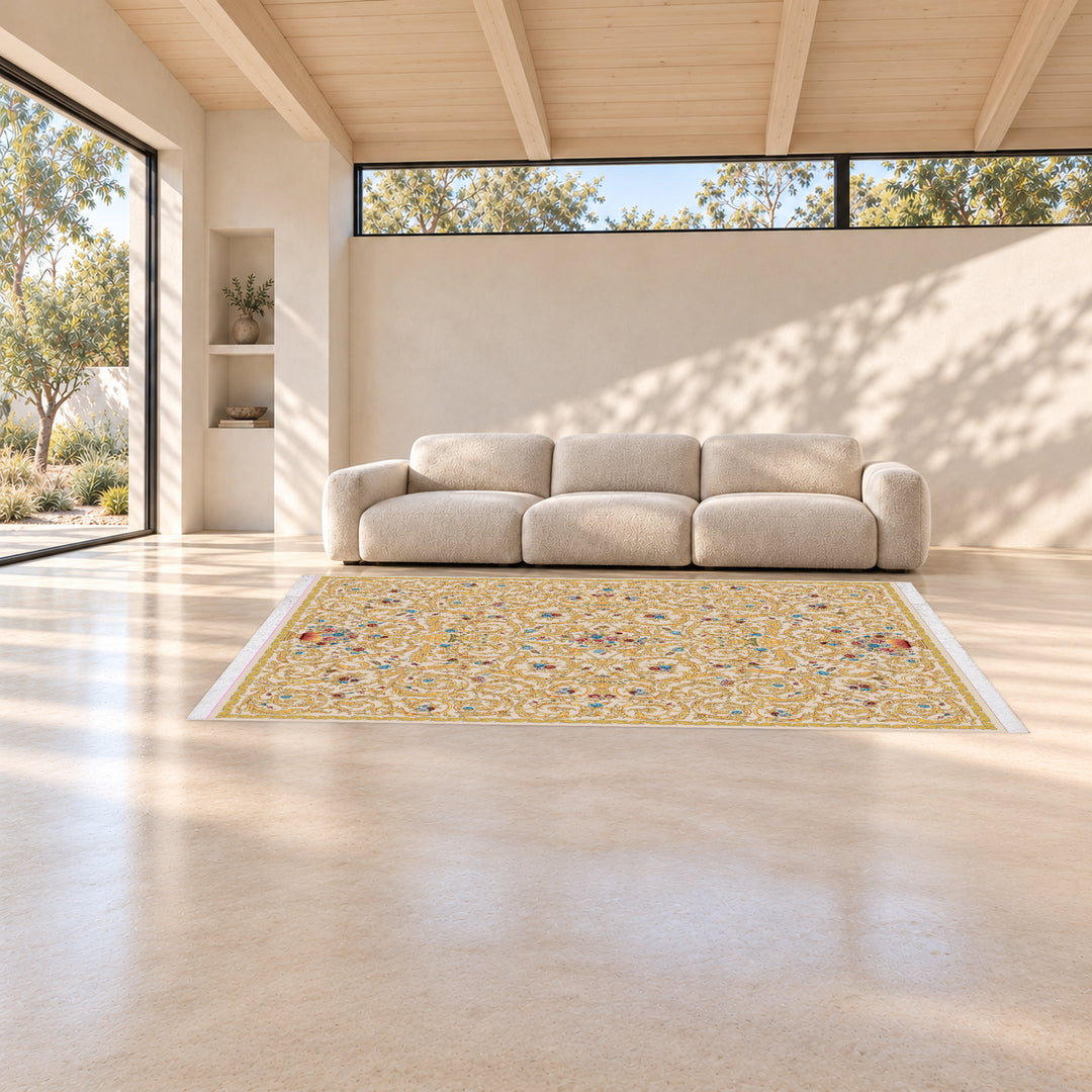 Classic Carpet - Nava: original rug image digitally staged in a distinct contemporary home; nominal 300 × 200 cm