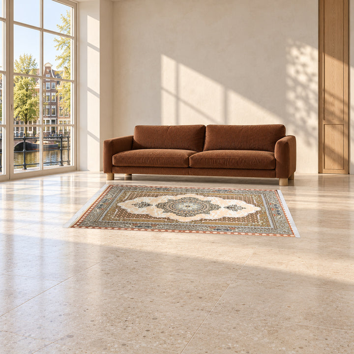 Classic Carpet - Noble Path: original rug image digitally staged in a distinct contemporary home; nominal 225 × 150 cm