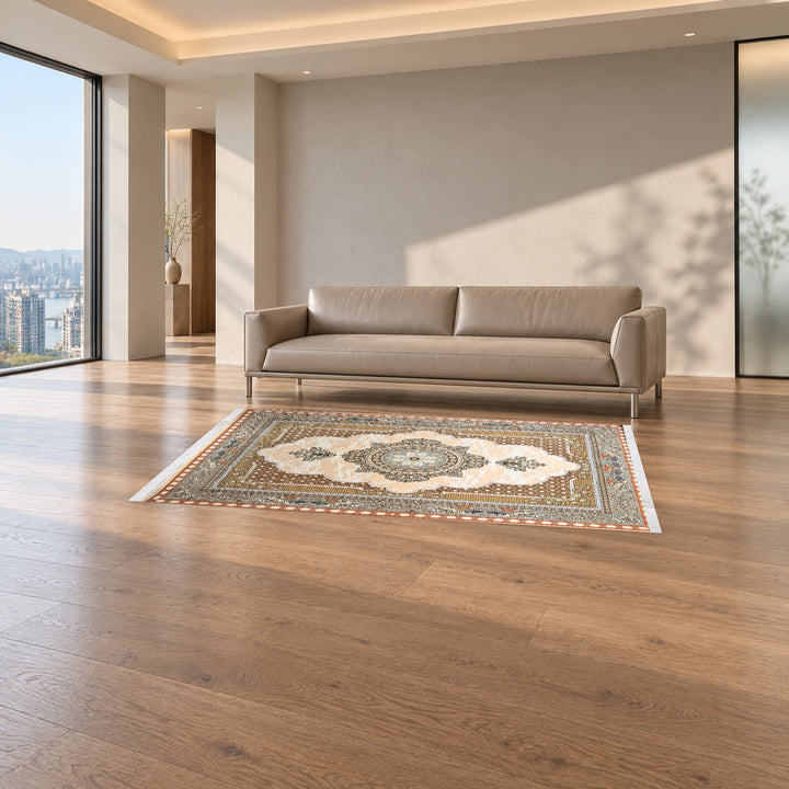 Classic Carpet - Noble Path: original rug image digitally staged in a distinct contemporary home; nominal 225 × 150 cm