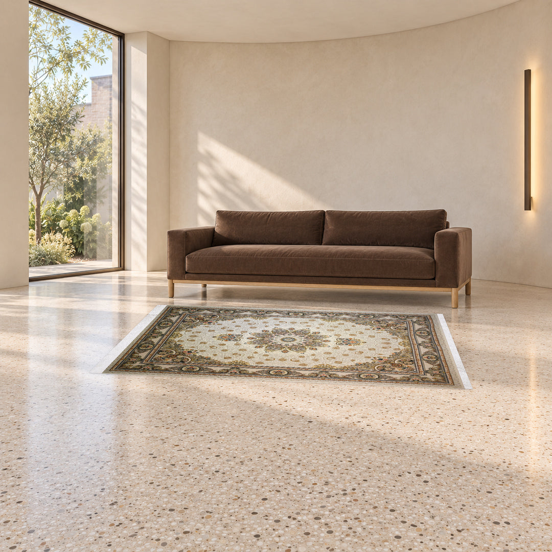 Classic Carpet - Nova Classic: original rug image digitally staged in a distinct contemporary home; nominal 225 × 150 cm