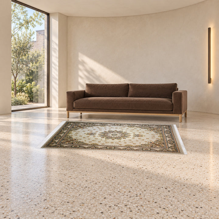 Classic Carpet - Nova Classic: original rug image digitally staged in a distinct contemporary home; nominal 225 × 150 cm