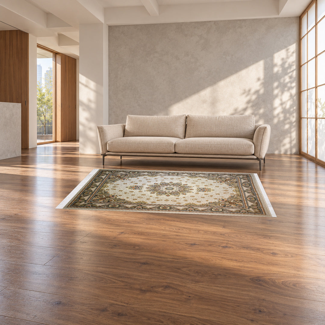 Classic Carpet - Nova Classic: original rug image digitally staged in a distinct contemporary home; nominal 225 × 150 cm