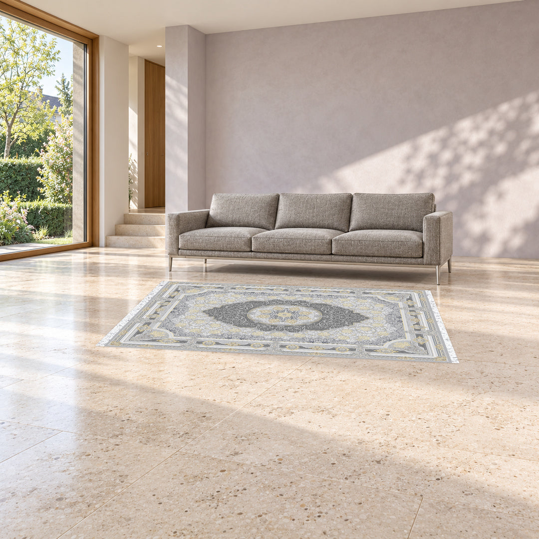 Classic Carpet - Opaline: original rug image digitally staged in a distinct contemporary home; nominal 225 × 150 cm