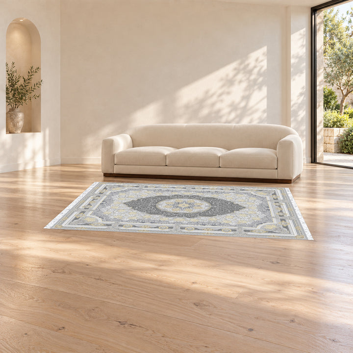Classic Carpet - Opaline: original rug image digitally staged in a distinct contemporary home; nominal 225 × 150 cm
