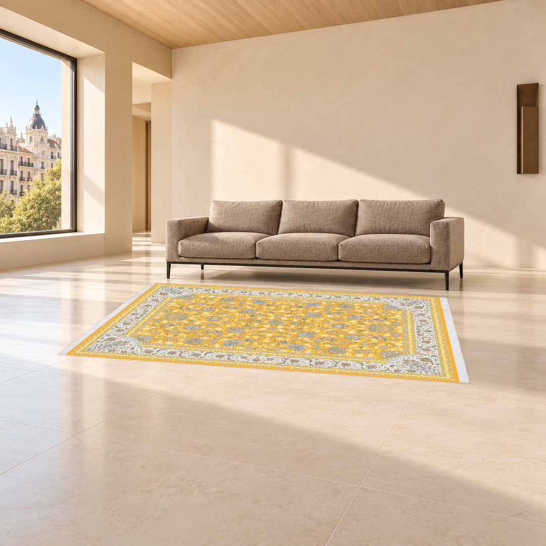 Classic Carpet - Orienta: original rug image digitally staged in a distinct contemporary home; nominal 300 × 200 cm
