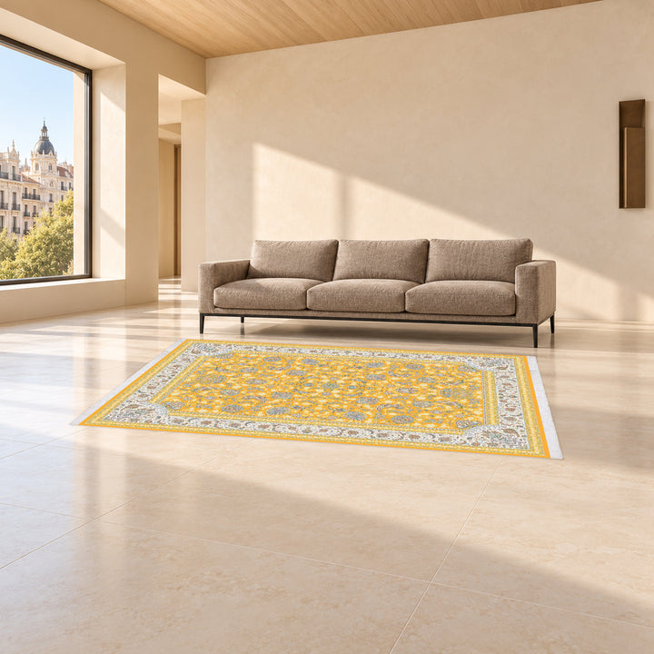 Classic Carpet - Orienta: original rug image digitally staged in a distinct contemporary home; nominal 300 × 200 cm