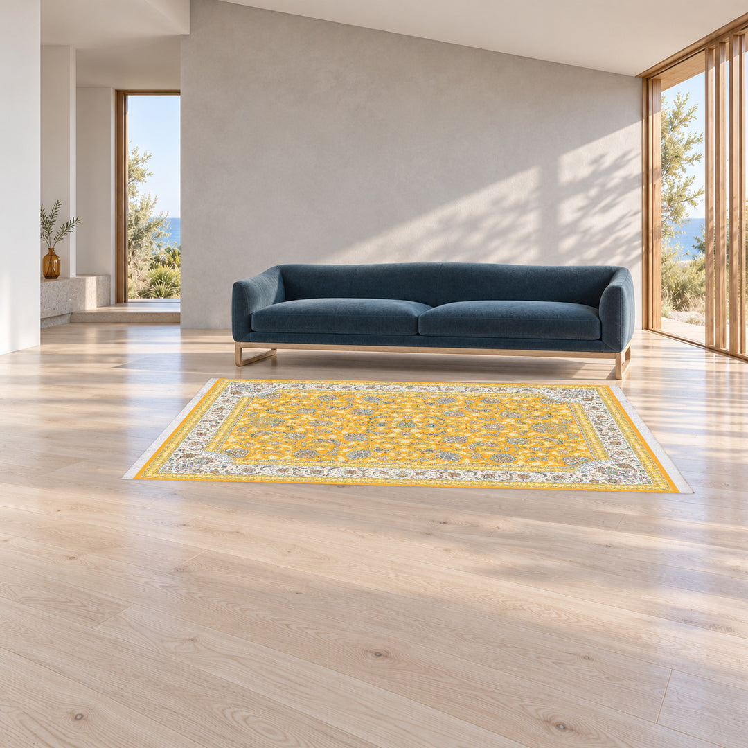 Classic Carpet - Orienta: original rug image digitally staged in a distinct contemporary home; nominal 300 × 200 cm