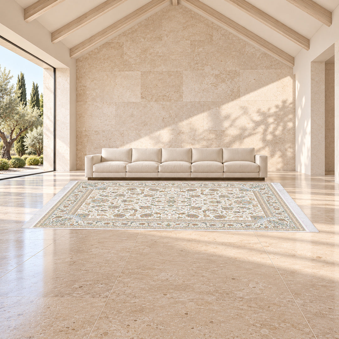 Classic Carpet - Orienta: original rug image digitally staged in a distinct contemporary home; nominal 600 × 400 cm