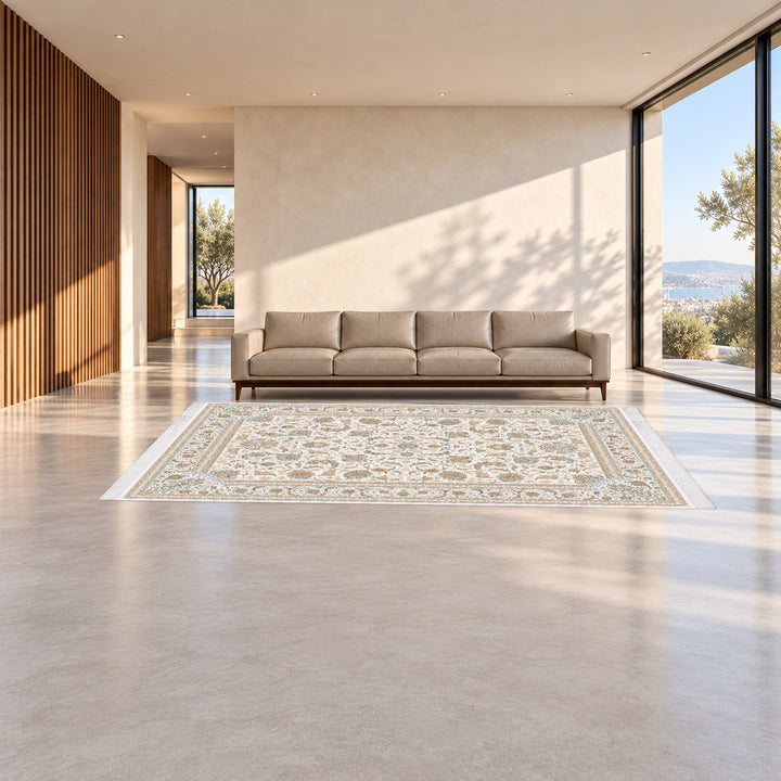Classic Carpet - Orienta: original rug image digitally staged in a distinct contemporary home; nominal 600 × 400 cm