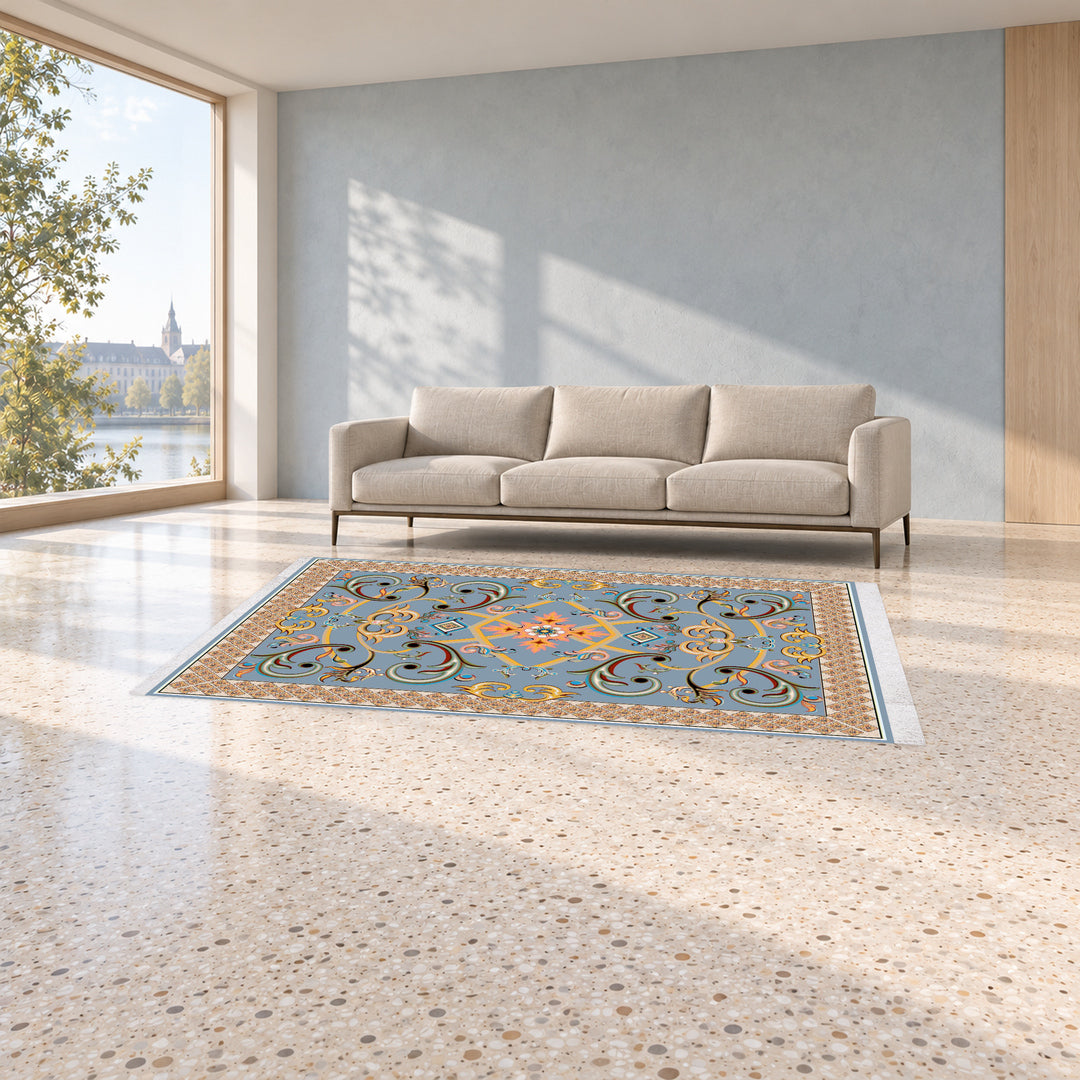 Classic Carpet - Orionis: original rug image digitally staged in a distinct contemporary home; nominal 300 × 200 cm