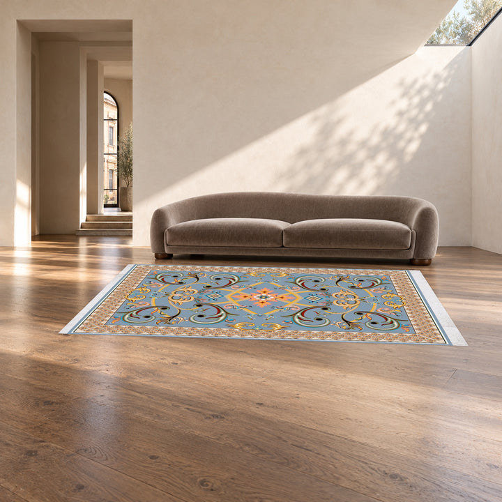 Classic Carpet - Orionis: original rug image digitally staged in a distinct contemporary home; nominal 300 × 200 cm