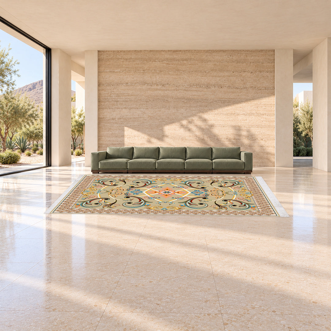 Classic Carpet - Orionis: original rug image digitally staged in a distinct contemporary home; nominal 600 × 400 cm