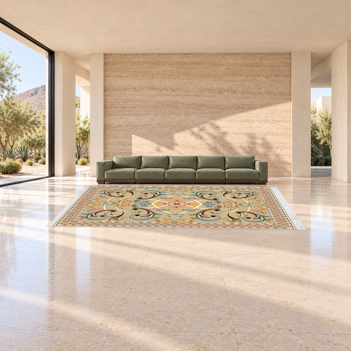 Classic Carpet - Orionis: original rug image digitally staged in a distinct contemporary home; nominal 600 × 400 cm