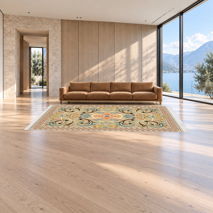 Classic Carpet - Orionis: original rug image digitally staged in a distinct contemporary home; nominal 600 × 400 cm