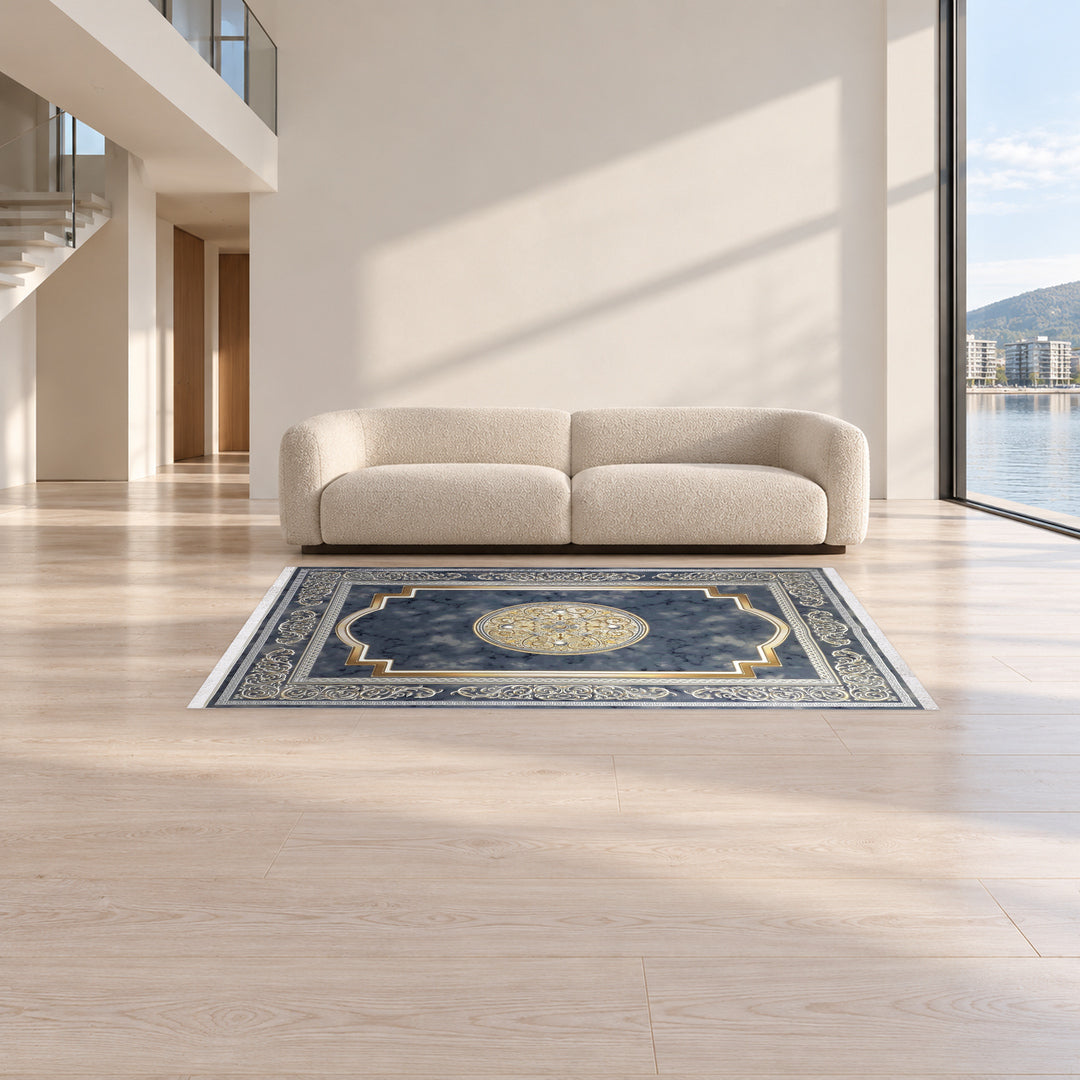 Classic Carpet - Ornamenta: original rug image digitally staged in a distinct contemporary home; nominal 225 × 150 cm