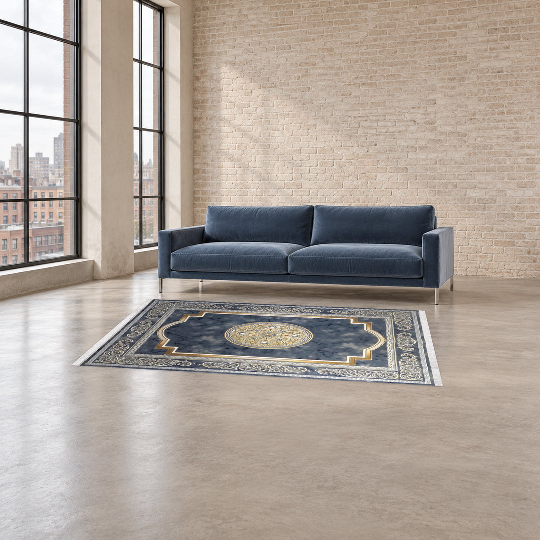 Classic Carpet - Ornamenta: original rug image digitally staged in a distinct contemporary home; nominal 225 × 150 cm