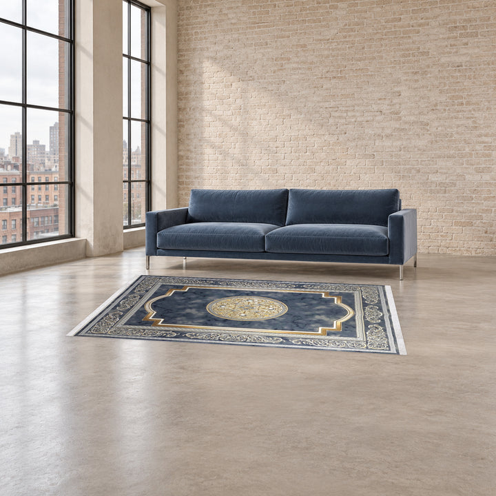 Classic Carpet - Ornamenta: original rug image digitally staged in a distinct contemporary home; nominal 225 × 150 cm