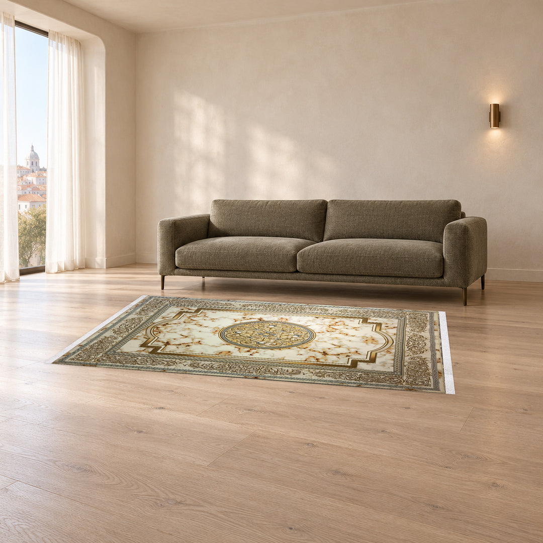 Classic Carpet - Ornamenta: original rug image digitally staged in a distinct contemporary home; nominal 225 × 150 cm