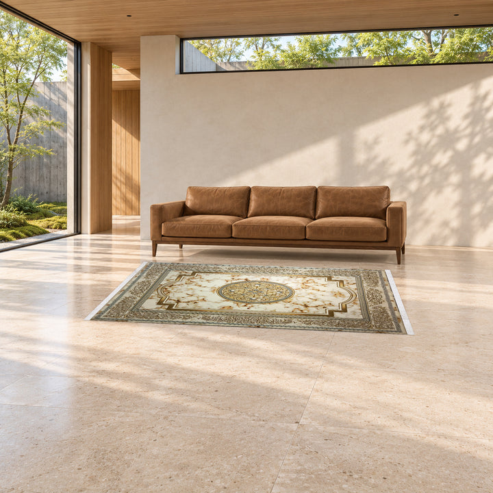 Classic Carpet - Ornamenta: original rug image digitally staged in a distinct contemporary home; nominal 225 × 150 cm