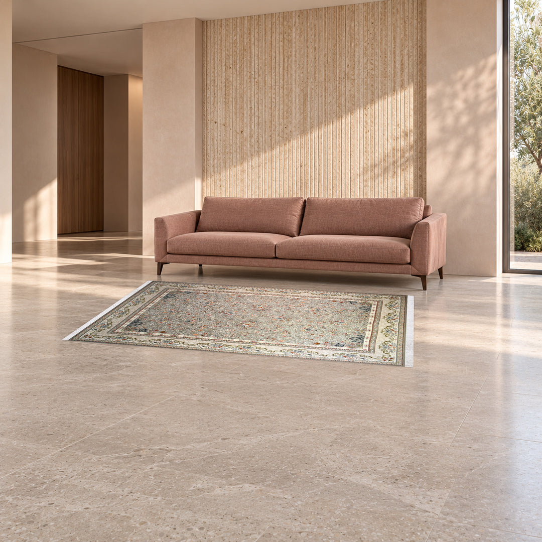Classic Carpet - Petal Rhythm: original rug image digitally staged in a distinct contemporary home; nominal 225 × 150 cm