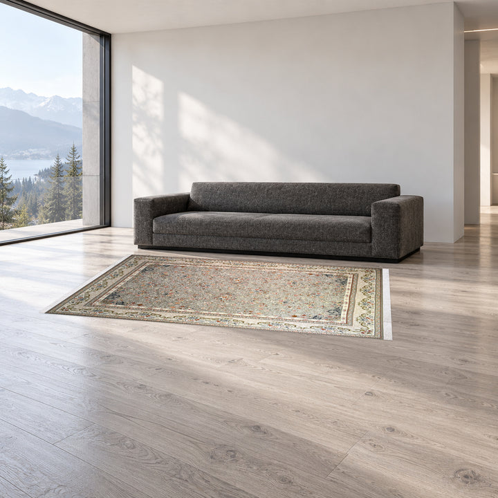 Classic Carpet - Petal Rhythm: original rug image digitally staged in a distinct contemporary home; nominal 225 × 150 cm