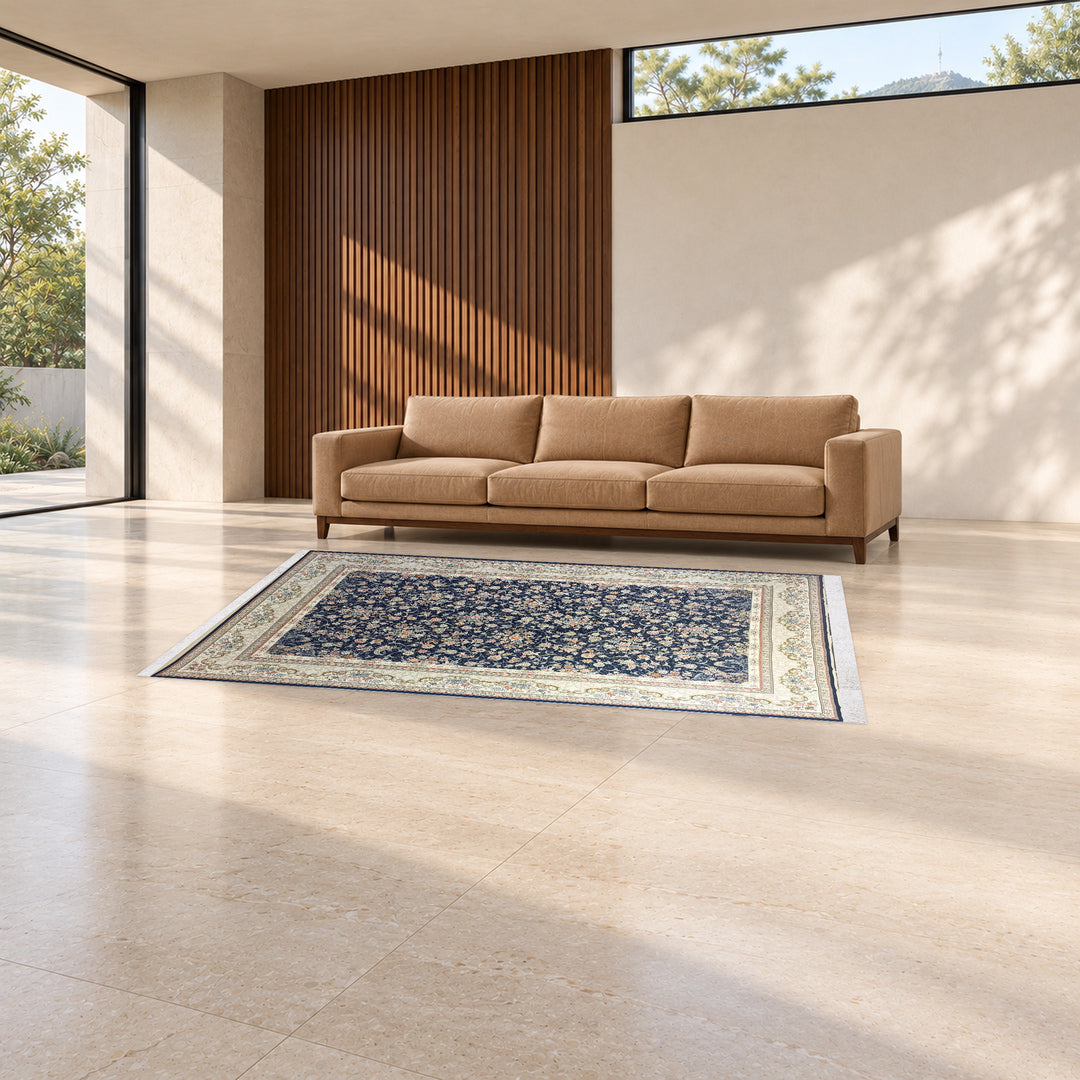 Classic Carpet - Petal Rhythm: original rug image digitally staged in a distinct contemporary home; nominal 225 × 150 cm