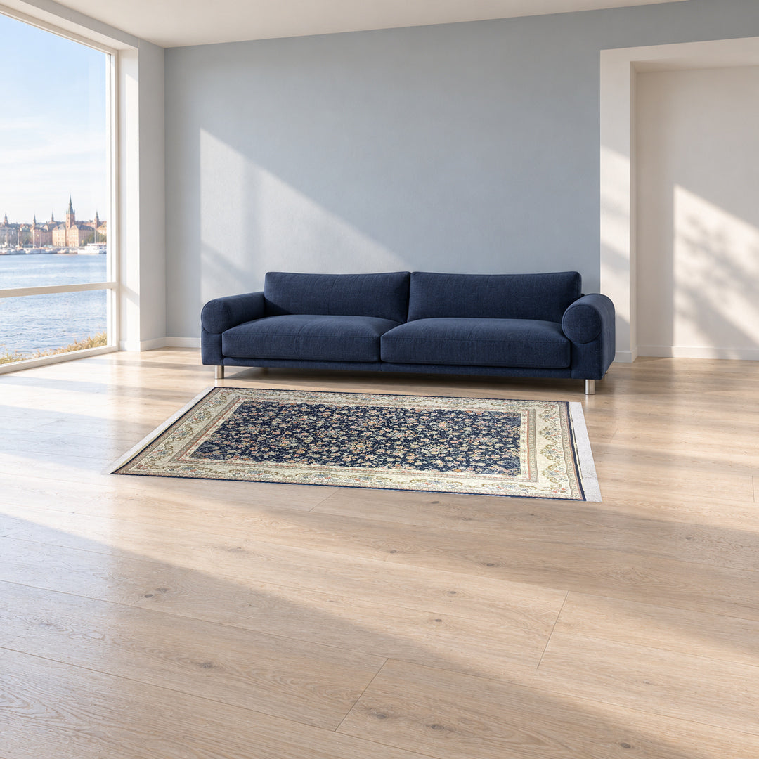 Classic Carpet - Petal Rhythm: original rug image digitally staged in a distinct contemporary home; nominal 225 × 150 cm