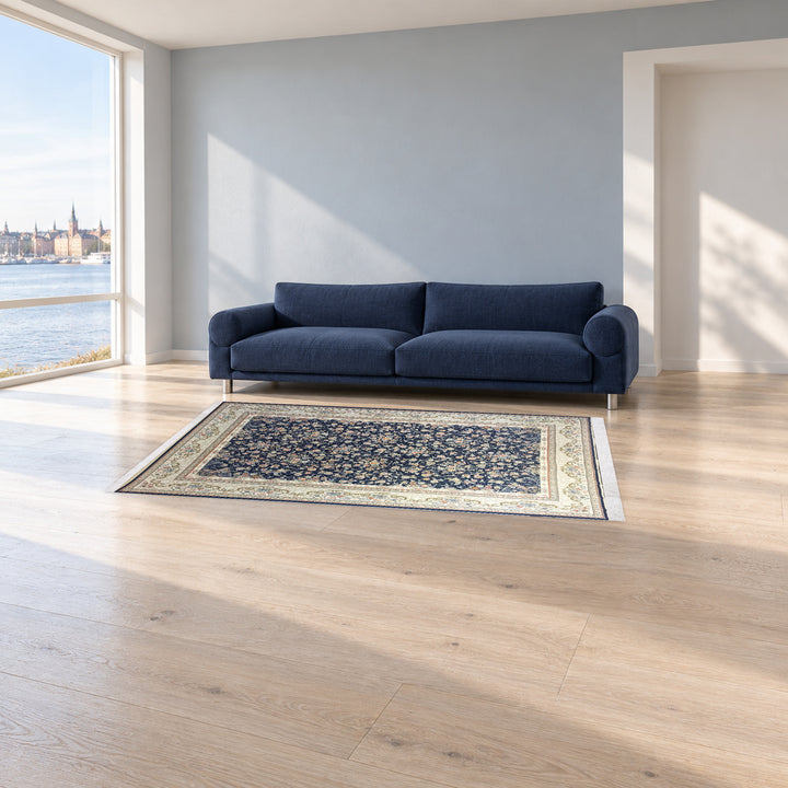 Classic Carpet - Petal Rhythm: original rug image digitally staged in a distinct contemporary home; nominal 225 × 150 cm