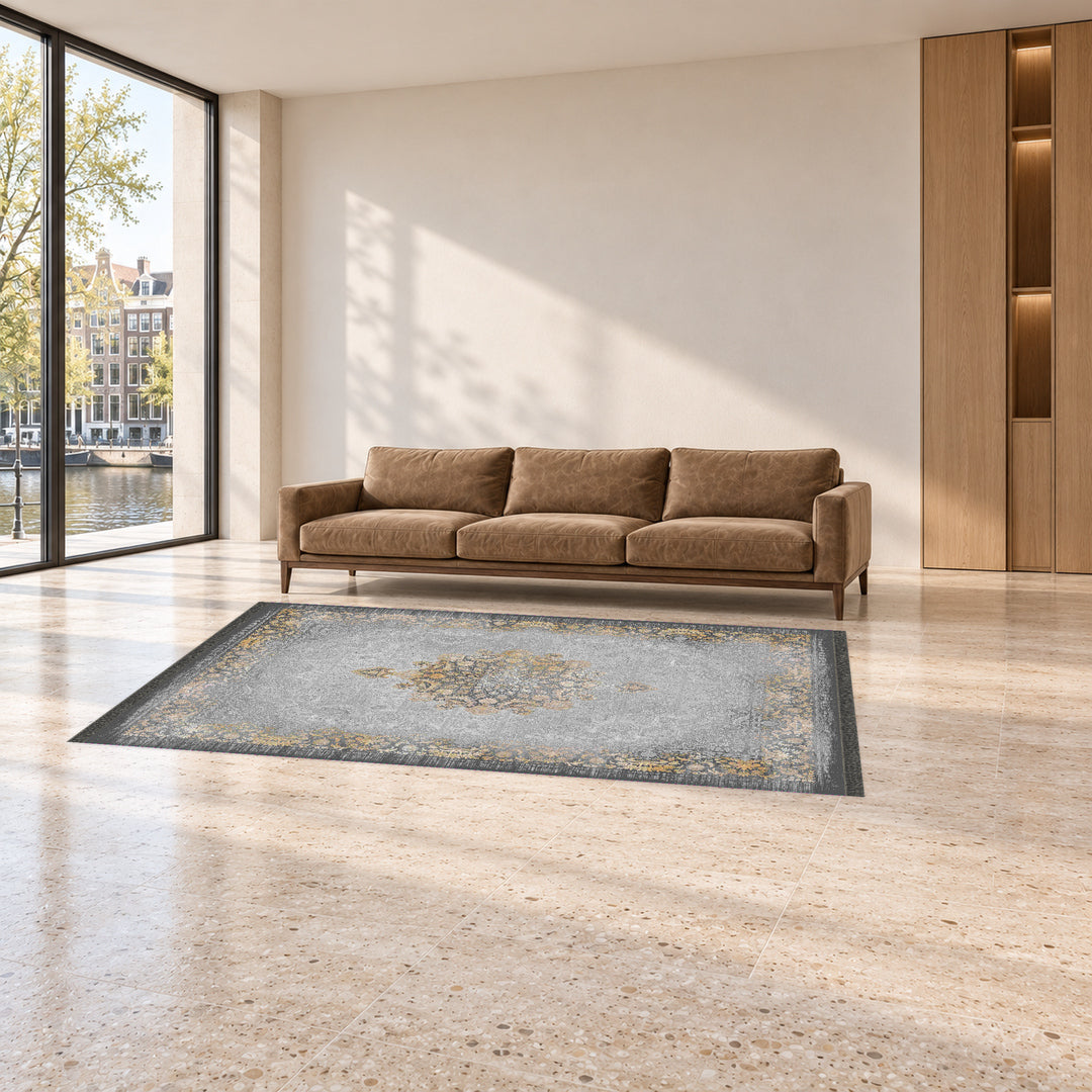 Classic Carpet - Rosetta: original rug image digitally staged in a distinct contemporary home; nominal 300 × 200 cm