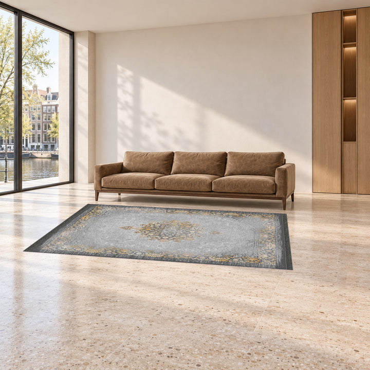 Classic Carpet - Rosetta: original rug image digitally staged in a distinct contemporary home; nominal 300 × 200 cm
