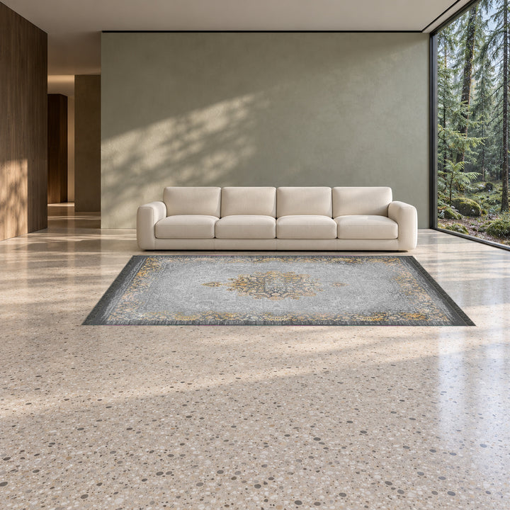 Classic Carpet - Rosetta: original rug image digitally staged in a distinct contemporary home; nominal 300 × 200 cm