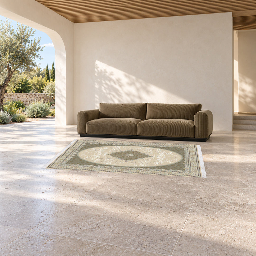 Classic Carpet - Royal Garden: original rug image digitally staged in a distinct contemporary home; nominal 225 × 150 cm