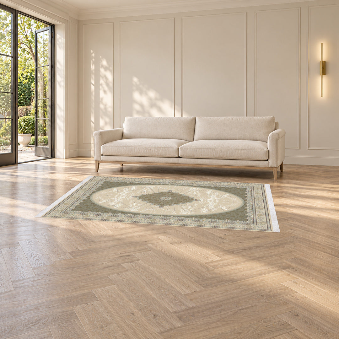 Classic Carpet - Royal Garden: original rug image digitally staged in a distinct contemporary home; nominal 225 × 150 cm