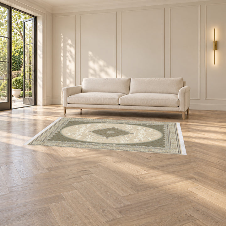 Classic Carpet - Royal Garden: original rug image digitally staged in a distinct contemporary home; nominal 225 × 150 cm