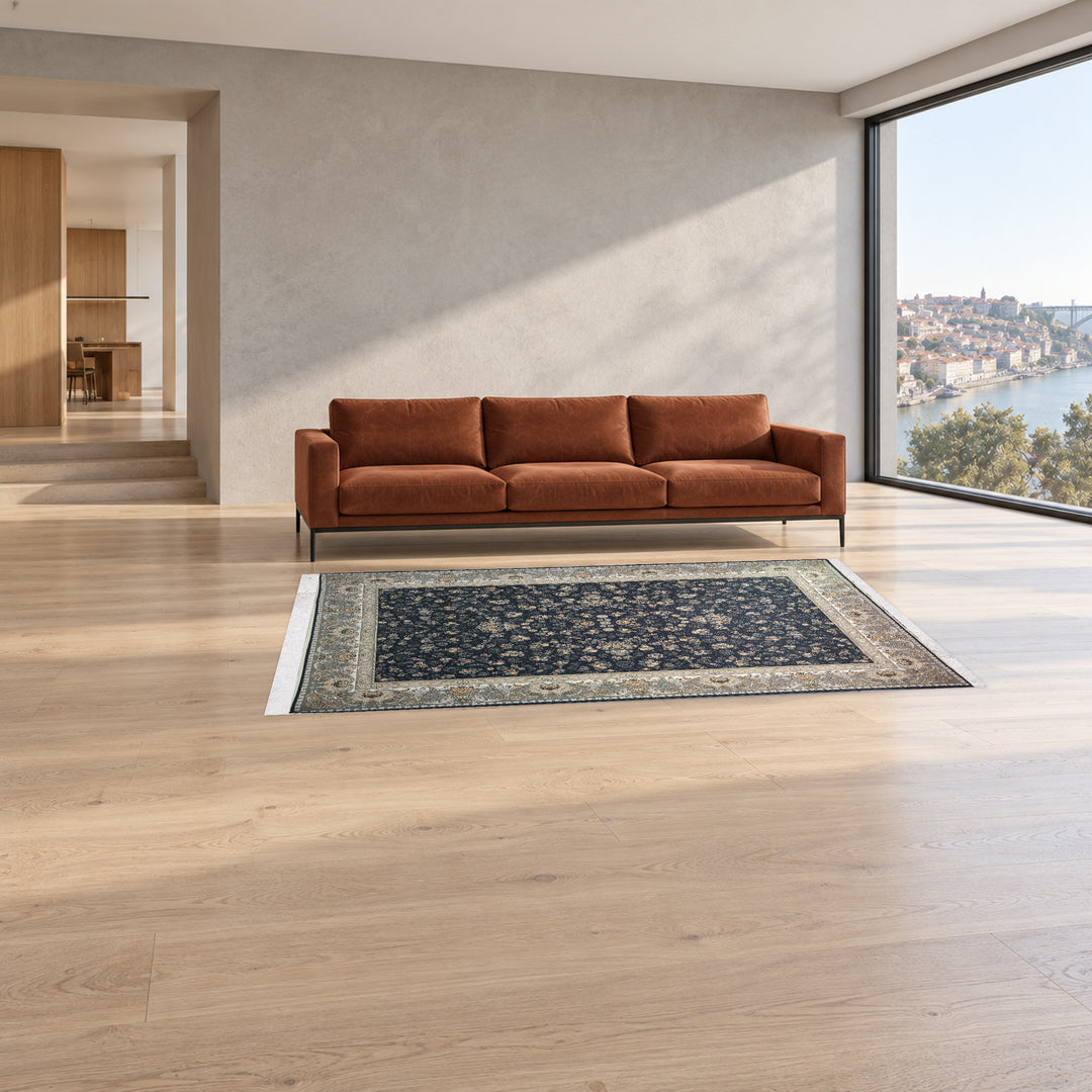 Classic Carpet - Royal Rose: original rug image digitally staged in a distinct contemporary home; nominal 225 × 150 cm